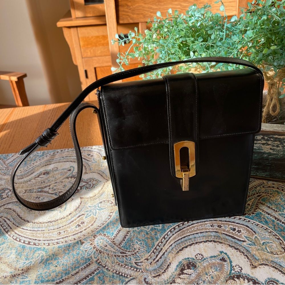 Vintage Sacha Genuine Box Black Leather Shoulder Bag 1960s